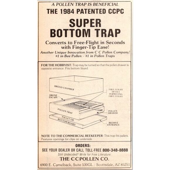 None and/or Unknown Other - CCPollen Co Patented Super Bottom Trap Scottsdale AZ 1985 Beekeeping Ad SAJ3-4